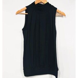 Zenana Premium Sleeveless Mock Neck Pleated Blouse Top Banded Waist Black Sz S